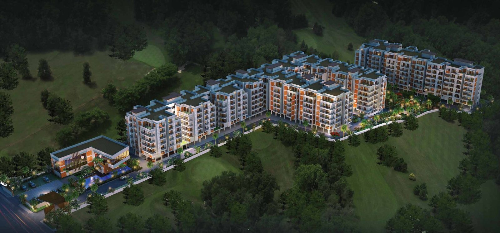 Aerial night view of United Green Woods, 2 blocks, 282 units, Hosakote