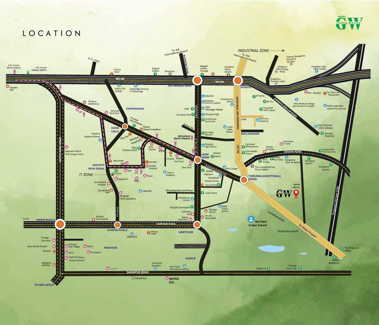 Location map of United Green Woods, Samethanahalli, Hosakote near Soukya Road and Whitefield